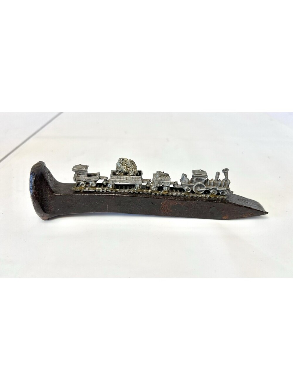 Vtg Railroad Spike Art with Pewter Metal Train on Track Cars w/ Pyrite Cluster